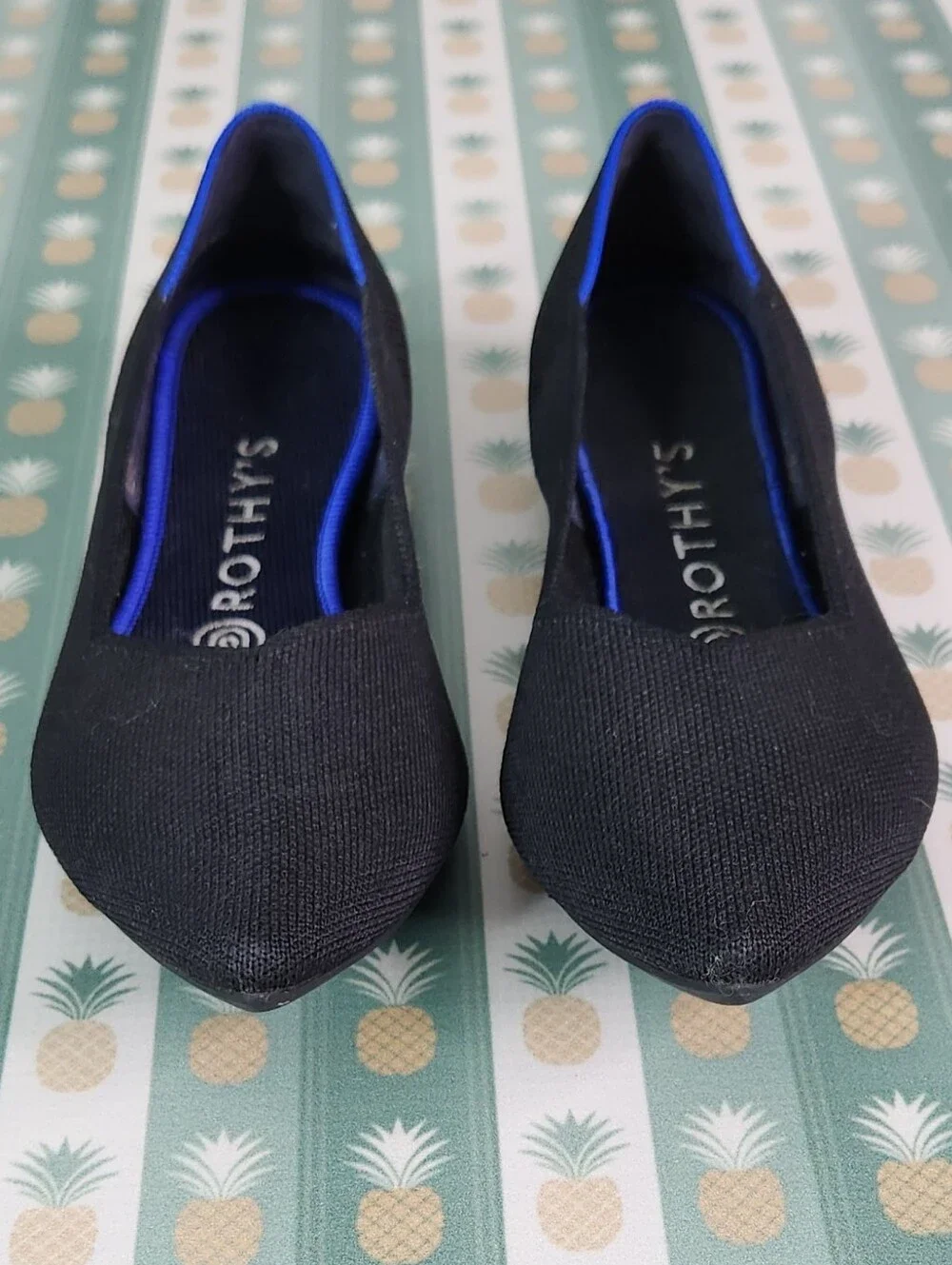 Rothy's Black Pointed Toe Knit Flats with Blue Trim